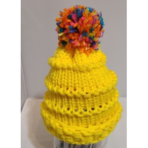 TYD-1201 : Yellow Handmade Knitted Infant Hat with Multi Color PomPom at Texas Yard Sale . com