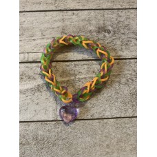 Green, Purple and Orange Rainbow Loom French Braid Bracelet With Heart Charm