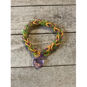 AJD-1021 : Green, Purple and Orange Rainbow Loom French Braid Bracelet With Heart Charm at Texas Yard Sale . com