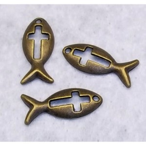 RTD-2744 : Fish Symbol Ichthys Metal Charm Antique Brass Finish at Texas Yard Sale . com
