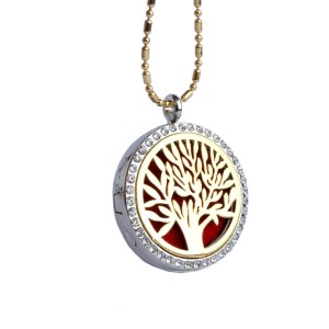 RTD-3652 : Essential Oils Diffuser Tree Locket Necklace Gold on Silver with Rhinestones at Texas Yard Sale . com