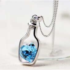 Bottle Framed Blue Crystal Heart Pendant Necklace