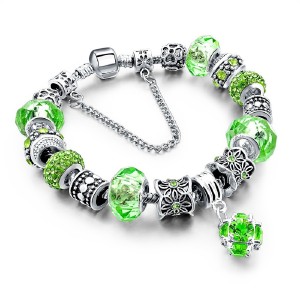 RTD-3853 : Green Crystal Charm Bracelet with Flower Charms at Texas Yard Sale . com
