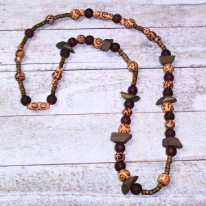 RTD-4039 : Fall Necklace with Brown Wood Beads and Frosted Glass Beads at Texas Yard Sale . com
