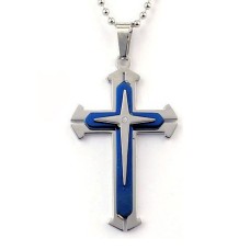 Blue Titanium Steel Cross Necklace with Stone