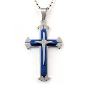 RTD-4535 : Blue Titanium Steel Cross Necklace with Stone at Texas Yard Sale . com